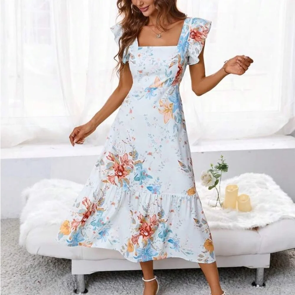 SHEIN Frenchy Floral Print Ruffle Hem Dress - Picture 1 of 5